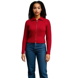 Tommy Hilfiger Women XL Red Preppy Classic Cotton Vintage Knit Zip Sweater